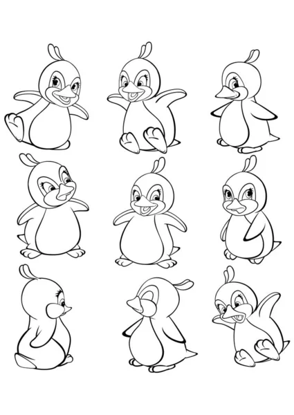 Colección Pingüinos Bosquejo Dibujos Animados Aislados Sobre Fondo Blanco Elementos — Archivo Imágenes Vectoriales