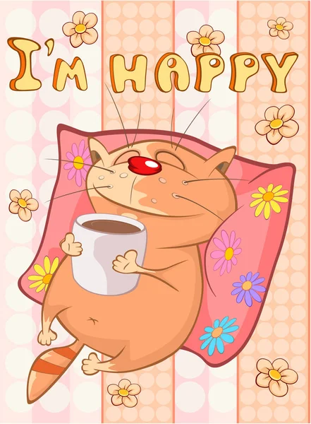 Happy Birthday Card Cute Cartoon Character Cat (em inglês). Cartão de Saudação do Vetor. Feliz Momento. Parabéns. . — Vetor de Stock