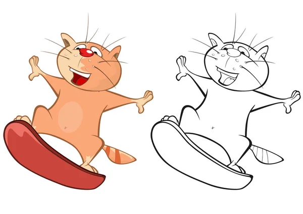 あなたのためのかわいい漫画のキャラクター猫サーファーのイラストデザインとコンピュータゲーム ぬりえ本概要セット — ストックベクタ