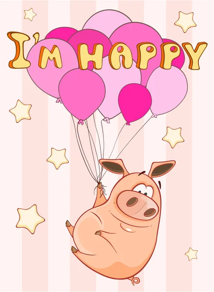 Feliz Cartão de Aniversário Porquinho com Balões. Cartão de Saudação do Vetor. Feliz Momento. Parabéns. —  Vetores de Stock