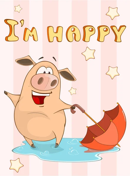 Feliz tarjeta de cumpleaños. Pequeño cerdo y paraguas. Tarjeta de felicitación vectorial. Feliz Momento. Felicidades. . — Archivo Imágenes Vectoriales