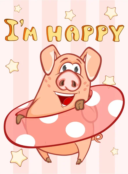 З днем народження листівка Маленька свиня з подарунковим пирогом. Векторна вітальна листівка. Щасливий момент. Вітання . — стоковий вектор