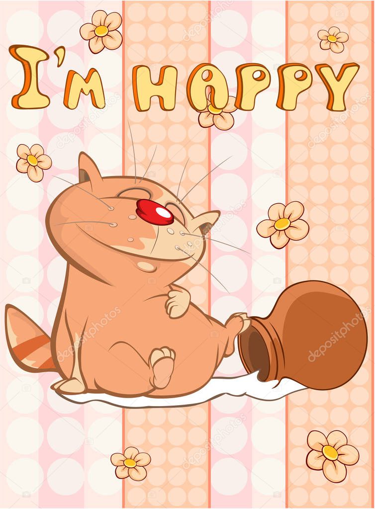 Happy Birthday Card Cute Cartoon Character Cat . Vector Greeting Card. Happy Moment. Congratulation. 