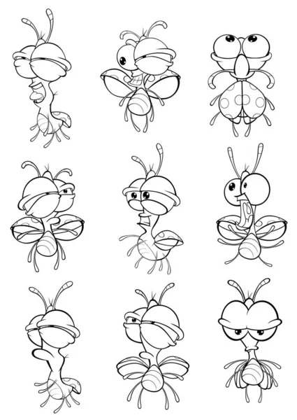 Set Cute Bugs Simply Vector Illustration Characters Coloring Books — Stock vektor