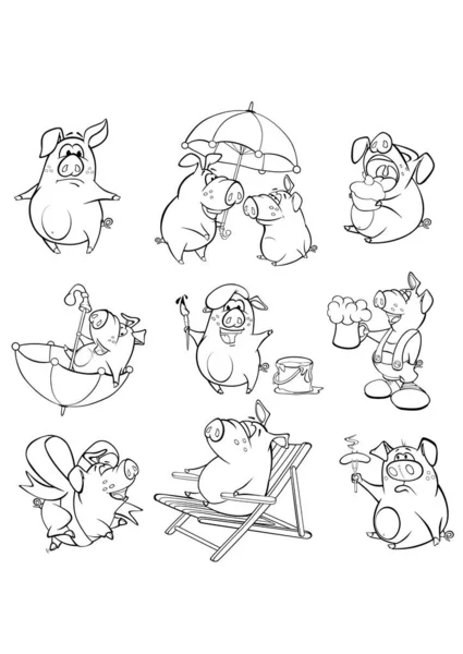 Jeu Cochons Mignons Illustration Vectorielle Simple Personnages Pour Livres Colorier — Image vectorielle