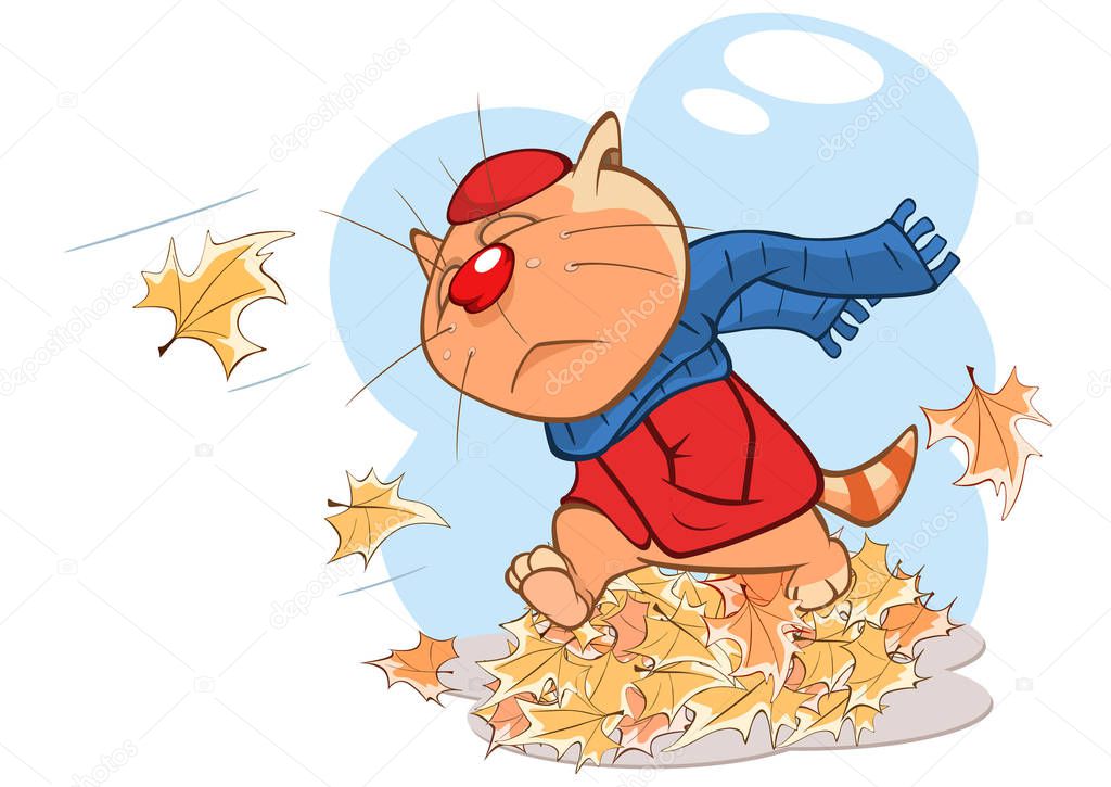 cute sad cat with autumn leaves, simply vector illustration, characters for coloring books