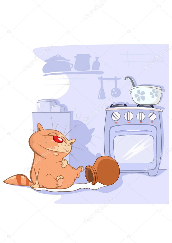 cute cat and pot with milk, simply vector illustration, characters for coloring books