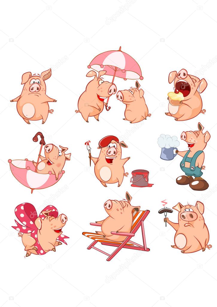 set of cute pigs, simply vector illustration, characters for coloring books