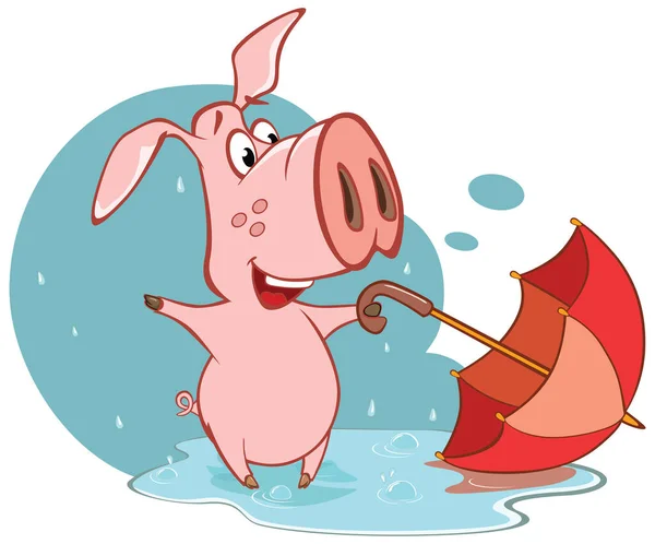 Illustration Vectorielle Cochon Parapluie Personnage Bande Dessinée Mignon — Image vectorielle