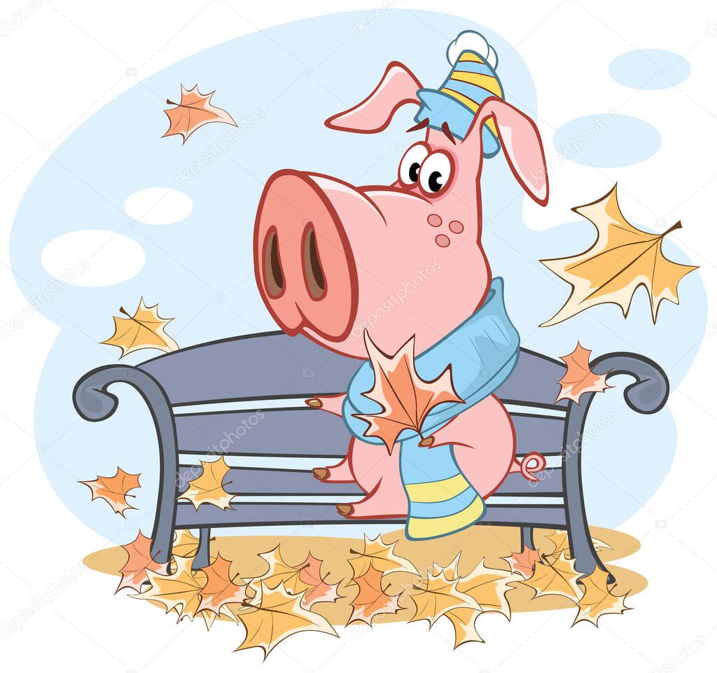 Vector Illustration of a Cute Cartoon Character Pig and Autumn