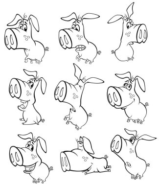 Sizin için Sevimli Çizgi Film Karakteri Domuzu 'nun Vektör İllüstrasyonu Tasarım ve Bilgisayar Oyunu. Renklendirme Kitabı Özeti 