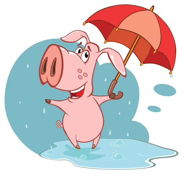 かわいい漫画のキャラクター豚と傘のベクトルイラスト — ストックベクタ
