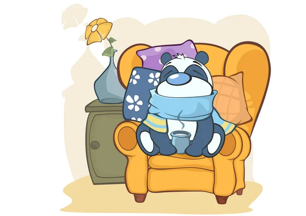 Illustration Vectorielle Panda Malade Ours Sur Fauteuil Avec Boisson Chaude — Image vectorielle