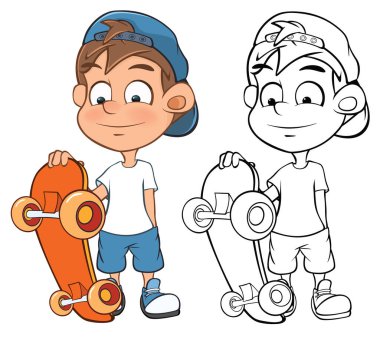 Sizin için Sevimli Çizgi Film Karakteri Erkek Kaykaycısının Vector Illustration Tasarım ve Bilgisayar Oyunu. Renklendirme Kitabı Özeti Kaykay Seti