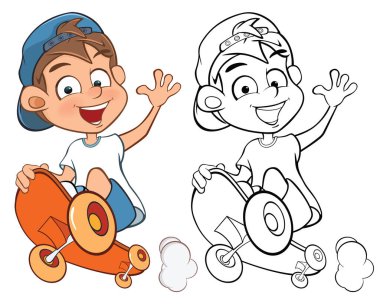 Sizin için Sevimli Çizgi Film Karakteri Erkek Kaykaycısının Vector Illustration Tasarım ve Bilgisayar Oyunu. Renklendirme Kitabı Özeti Kaykay Seti