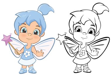 Senin için Sevimli Çizgi Film Karakteri Küçük Cadı Tasarım ve Bilgisayar Oyunu 'nun Vektör İllüstrasyonu. Renklendirme Kitabı Özeti 