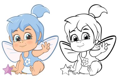 Senin için Sevimli Çizgi Film Karakteri Küçük Cadı Tasarım ve Bilgisayar Oyunu 'nun Vektör İllüstrasyonu. Renklendirme Kitabı Özeti 