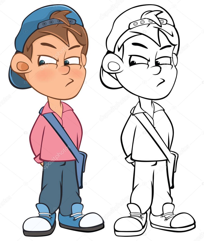 Vector Illustration of a Cute Cartoon Character Boy  for you Design and Computer Game. Coloring Book Outline Set 