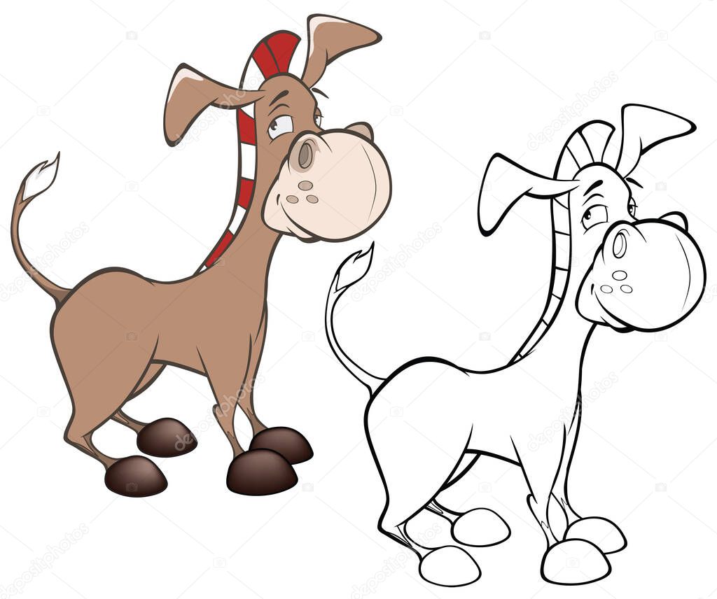Vector Illustration of a Cute Cartoon Character Burro for you Design and Computer Game. Coloring Book Outline Set 