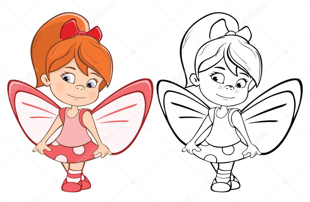 Vector Illustration of a Cute Cartoon Character Little Witch  for you Design and Computer Game. Coloring Book Outline Set 