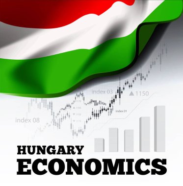 Macaristan Ekonomi vektör çizelgesi Macar bayrağı ve iş haritası, bar tablosu boğa piyasası rakamları, üst çizgi grafiği refah büyümesini sembolize ediyor