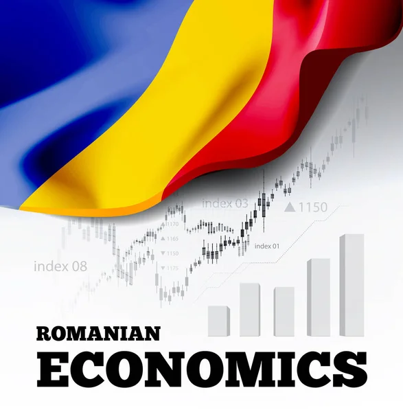 Rumänische Wirtschaftsvektorillustration Mit Rumänischer Flagge Und Geschäftsdiagramm Balkendiagramm Aktienzahlen Bullenmarkt — Stockvektor