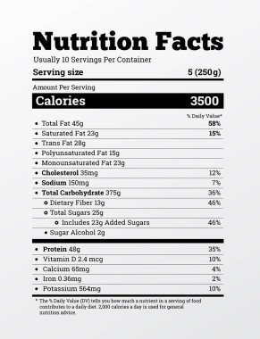 Beslenme gerçekler etiket tasarım vektör çizim. İçeriği kalori, vitaminler, yağlar ve diğer öğeleri