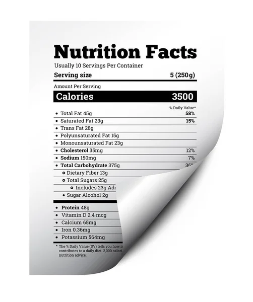 Nutrition Facts Label Design Page Curl Vector Illustration — Stock Vector