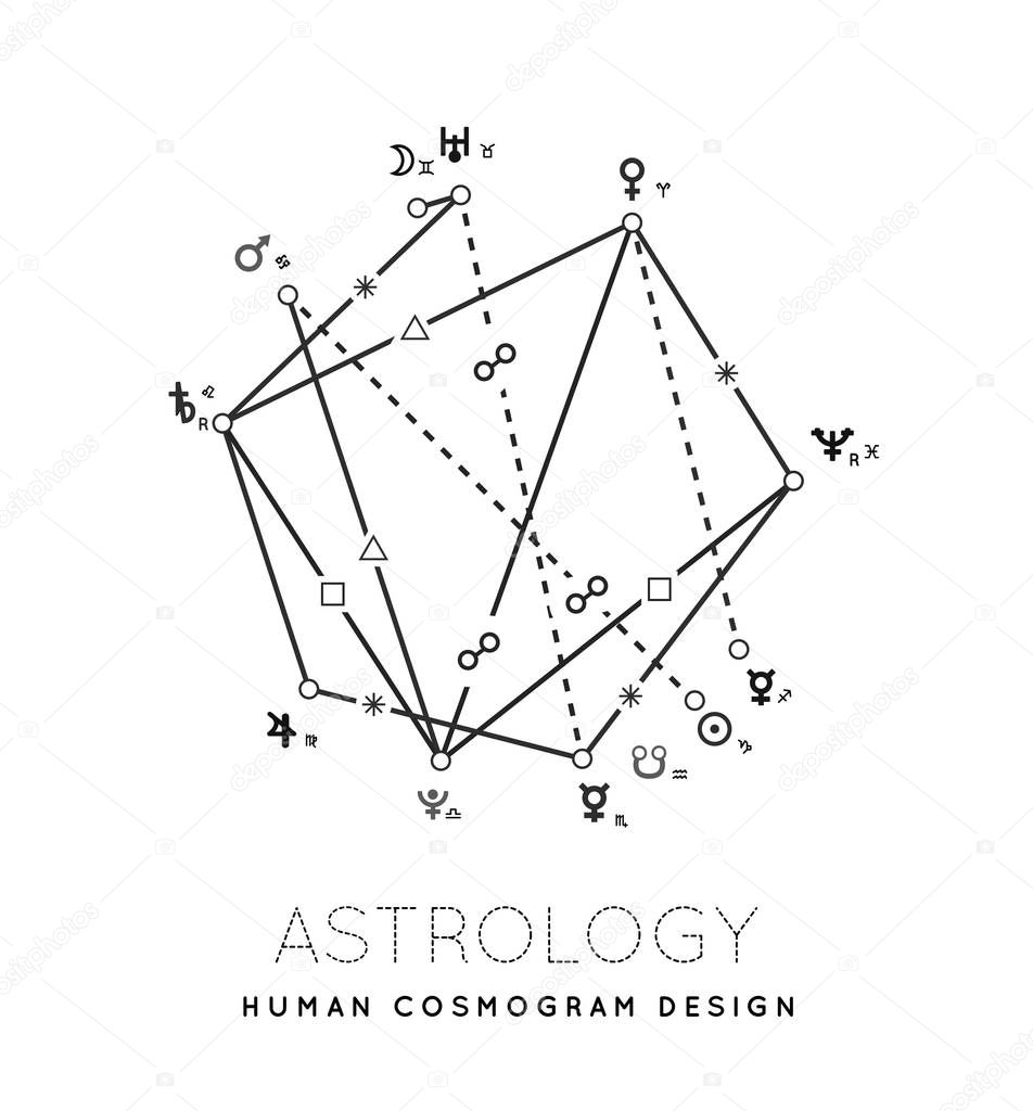 Astrology vector background. Example of the cosmogram the planets in the houses and aspects between them