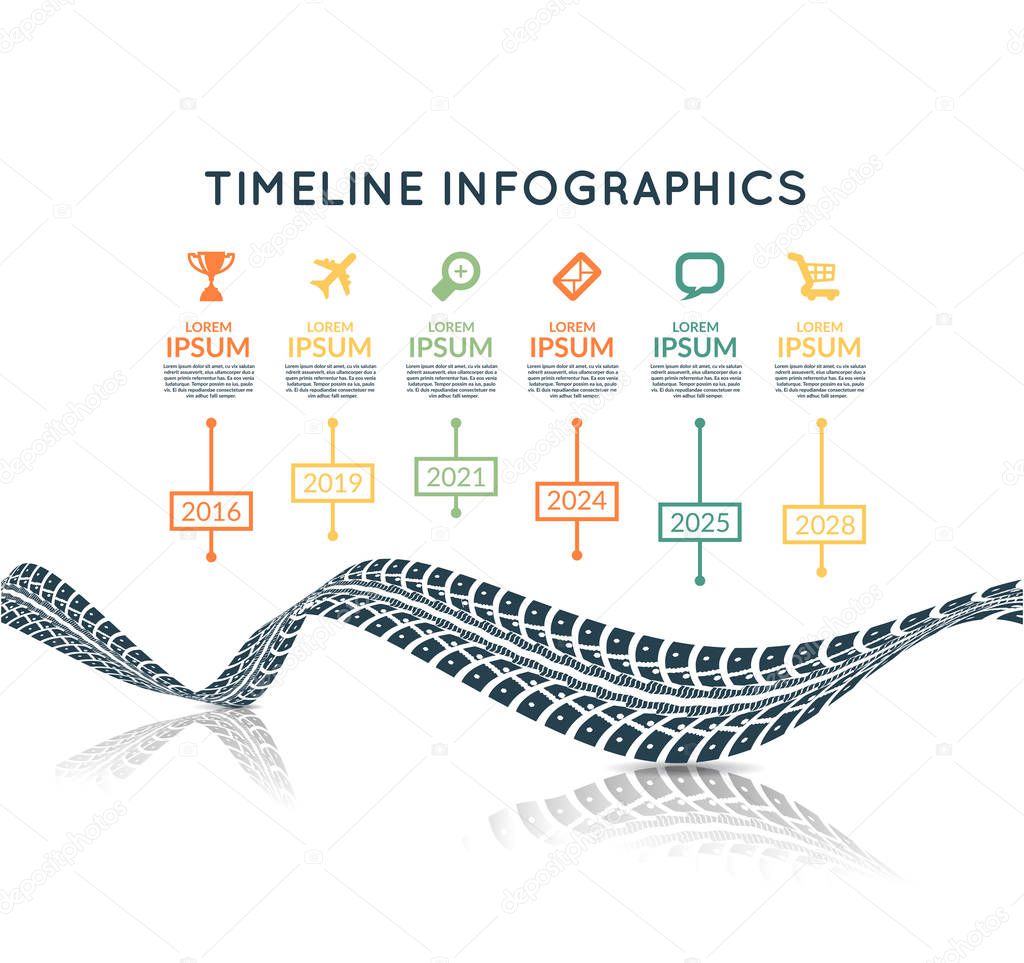 Road way design infographics. Tire tracks timeline. Vector illustration on white