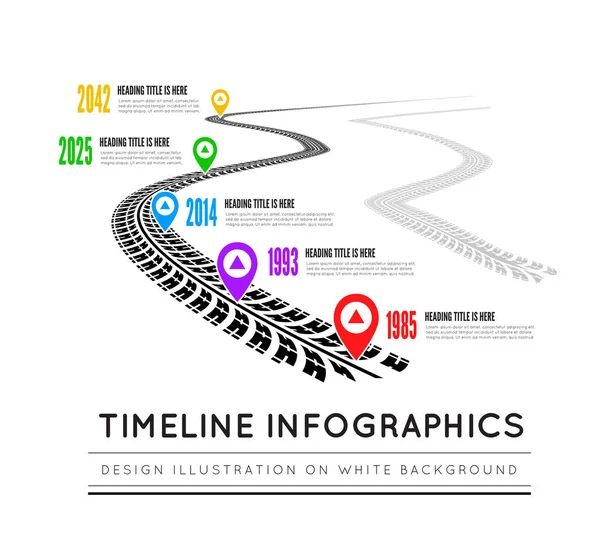 Road Way Design Infographics Tire Tracks Timeline Vector Illustration White — Stock Vector