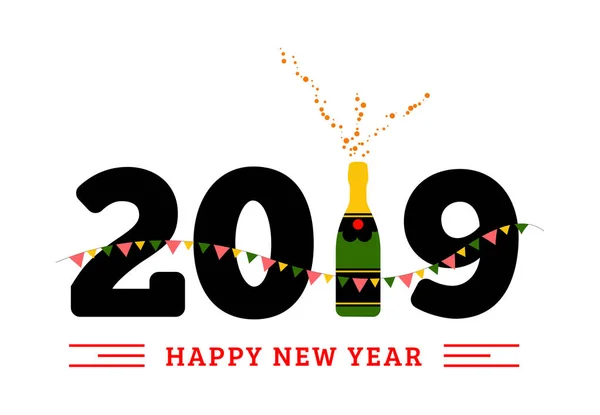 恭贺快乐的2019年与一瓶香槟 矢量平面插图 — 图库矢量图片