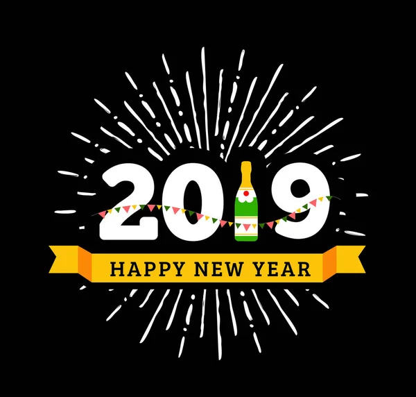 Parabéns Feliz Ano Novo 2019 Com Uma Garrafa Champanhe Bandeiras —  Vetores de Stock