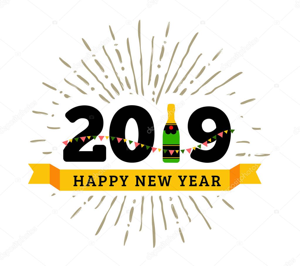 Congratulations to the happy new 2019 year with a bottle of champagne, flags. Vector flat illustration with sunburst