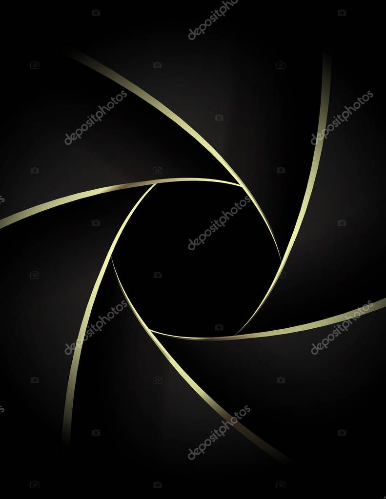 Camera lens close up with golden shutter blades. Wedding photography or videography concept. Gold on black design