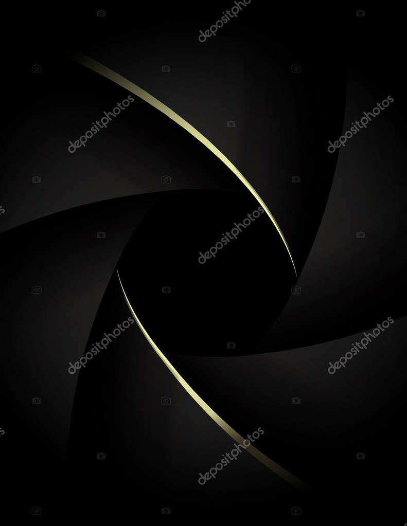 Camera lens close up with golden shutter blades. Wedding photography or videography concept. Gold on black design