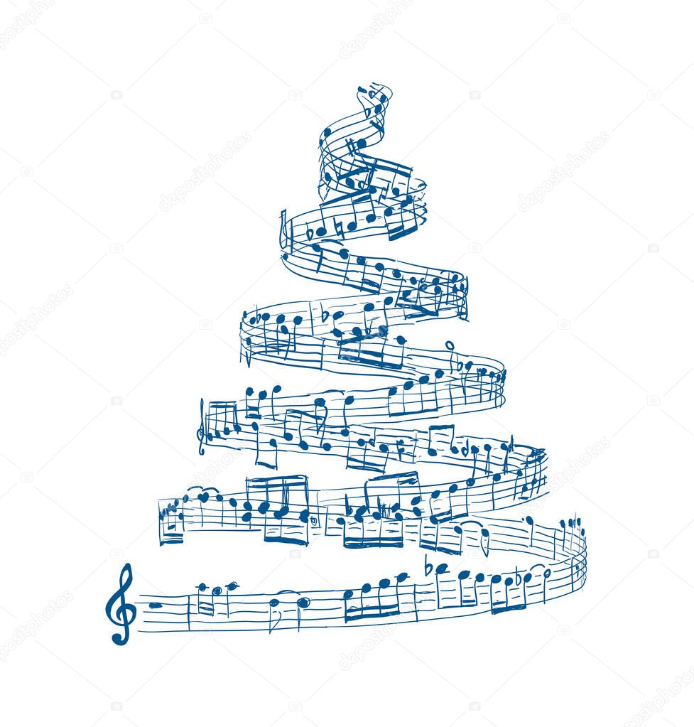 Christmas tree from music notes. Vector illustration on white background