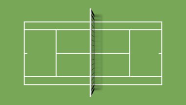Tenis Kortu. Çim Kapak alan. Üstten görünüm vektör çizim kılavuz ve yeşil zemin üzerine gölge