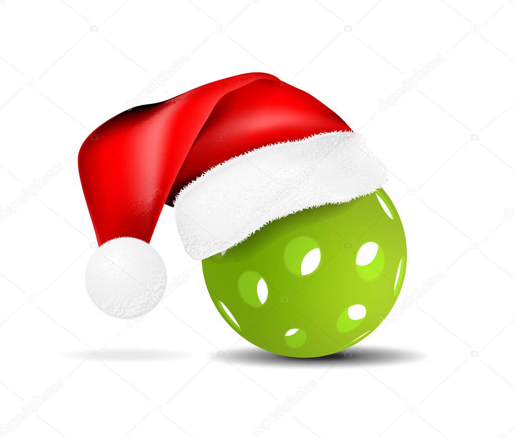 Green pickleball vector illustration with santa hat isolated on white background