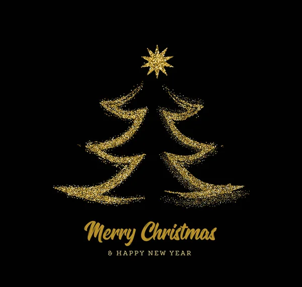 Silhueta Uma Árvore Natal Forma Brilho Dourado Contexto Preto Ilustração — Vetor de Stock