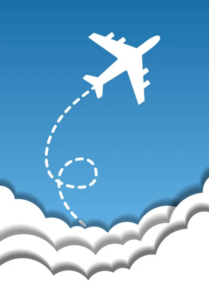 Летит Самолет Фоне Голубого Неба Вырезает Бумажные Облака Стиле Оригами — стоковый вектор