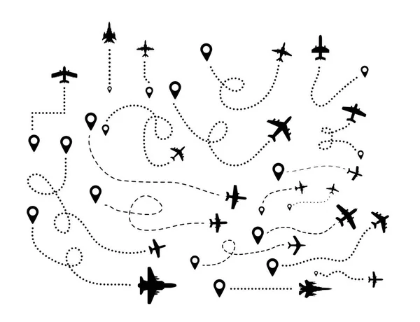 飛んでいる飛行機のシリーズと出発地からの飛行経路 白のベクトル小話 — ストックベクタ