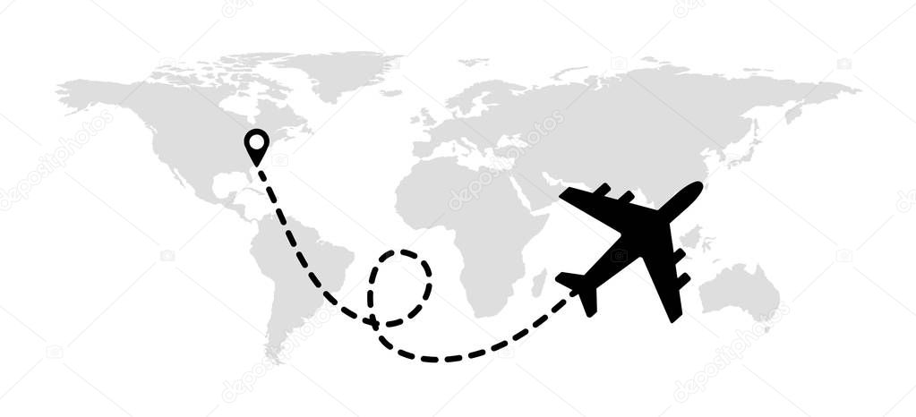 Flying plane on the background of the world map with a path from the departure point. Vector illustration