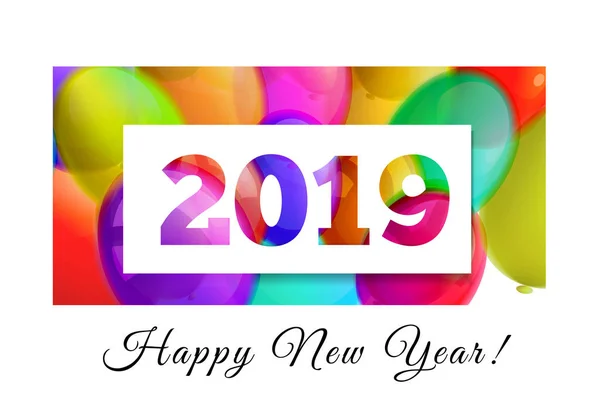 色のボールの背景に幸せの新年 2019年おめでとう 数字は紙にカットされます 白のベクトル クローズ アップ図 — ストックベクタ