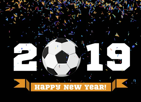 2019年新年快乐 背景是足球和五彩纸屑 足球向量例证在黑色背景 — 图库矢量图片