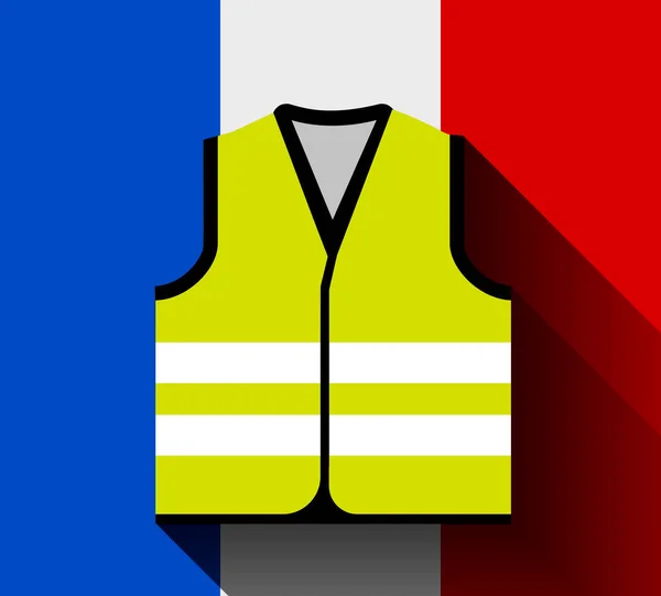 Chalecos amarillos, como símbolo de protestas en Francia contra el aumento de los precios del combustible. Una revolución de chaqueta amarilla. Ilustración vectorial contra la bandera de Francia con sombra larga — Vector de stock