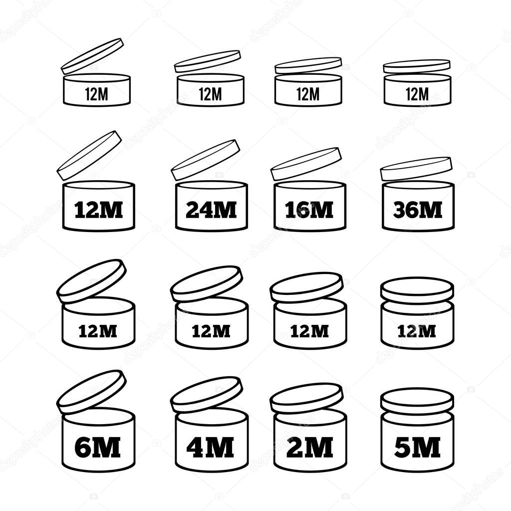 The sign of the shelf life of cosmetics and other goods. Period after opening. PAO. Set of icons of various thicknesses and with different angles for your design. Vector illustration on white background