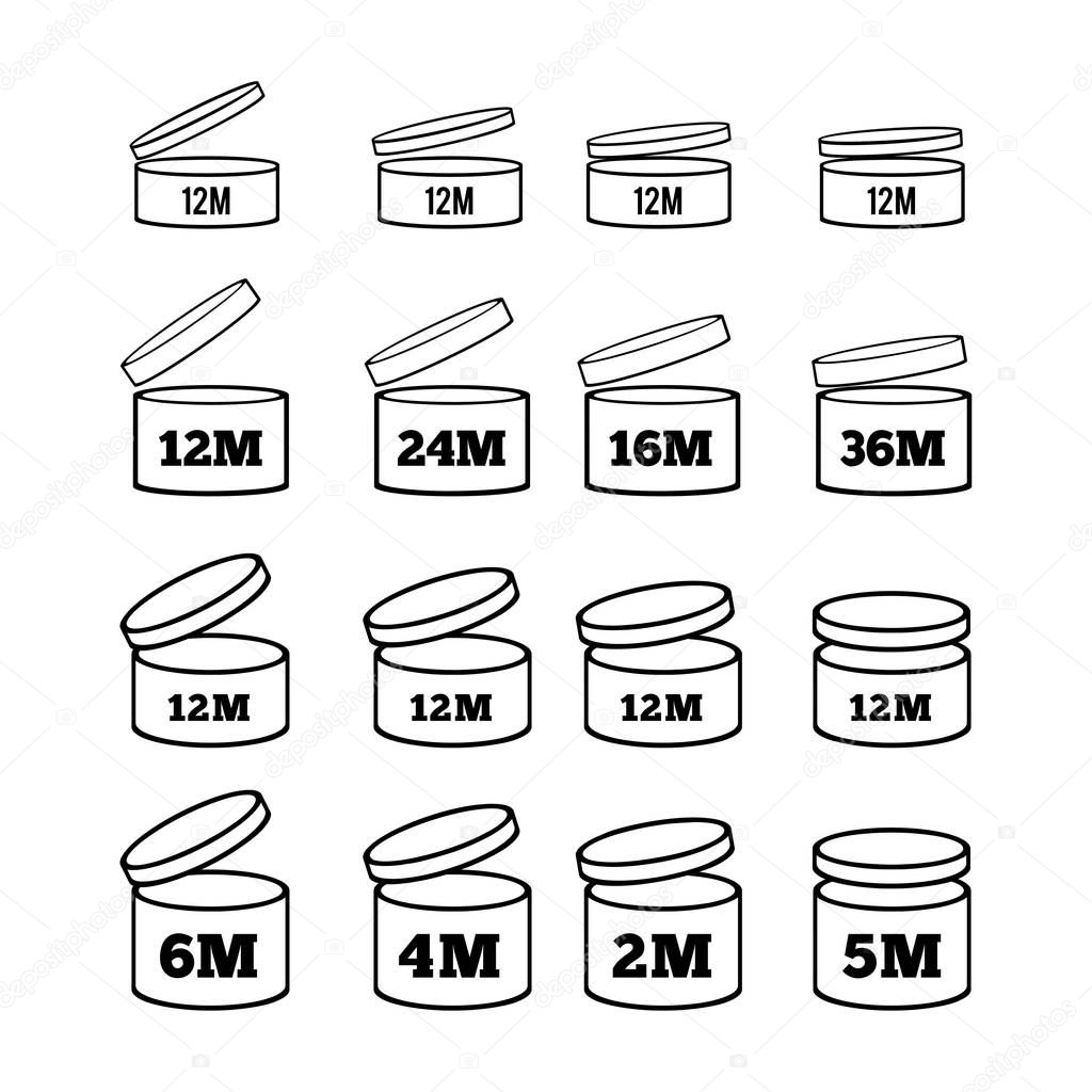 The sign of the shelf life of cosmetics and other goods. Period after opening. PAO. Set of icons of various thicknesses and with different angles for your design. Vector illustration on white background