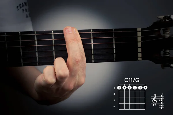 Gitarakkord på mørk bakgrunn. C-11 er en akkord på seks noter. C11 fingring – stockfoto