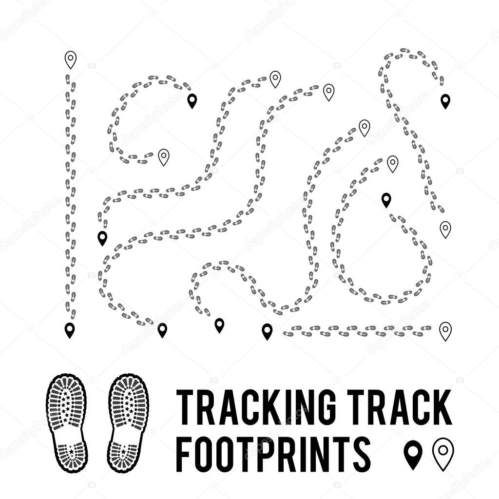 Tracking of human footprints to track walk paths. Silhouette from shoes. Vector illustration